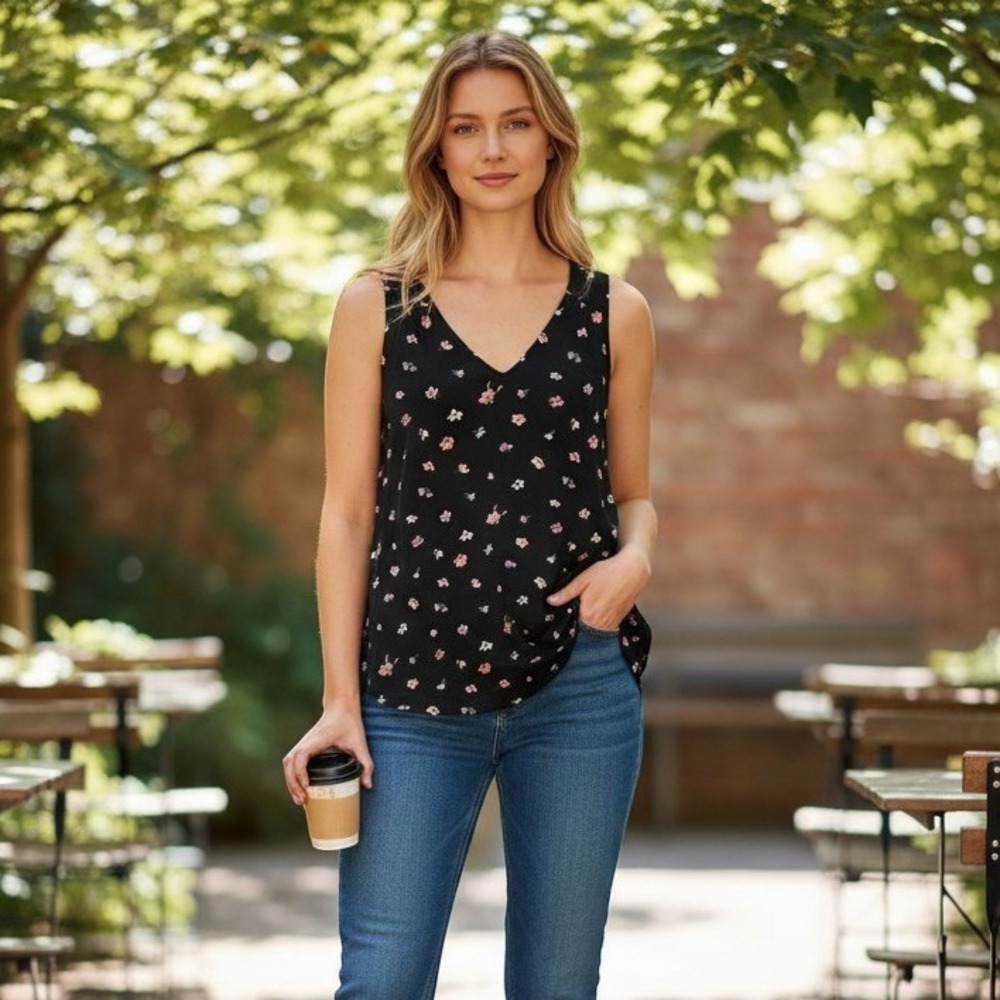 Womens Black Ditsy Floral V-Neck Sleeveless Tank Top Cottagecore Boho Feminine